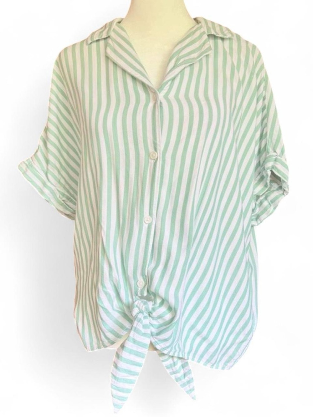 beachlunchlounge Green and White Striped Button-Up Top size large